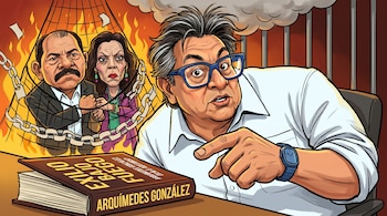 Ilustración del escritor Arquímedes González con gafas azules y señalando, junto a su libro. Detrás, caricaturas de Daniel Ortega y Rosario Murillo tras rejas, fuego y cadenas.