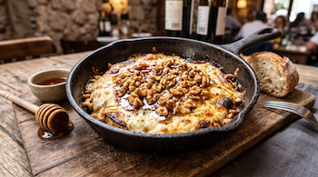Sartén de hierro con provoleta, nueces y miel, junto a un trozo de pan y un tomador de miel sobre una tabla de madera.