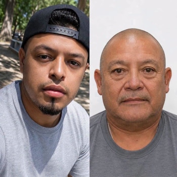Primer plano de dos hombres; uno joven con gorra y barba, el otro mayor y calvo. Ambos visten camisetas grises