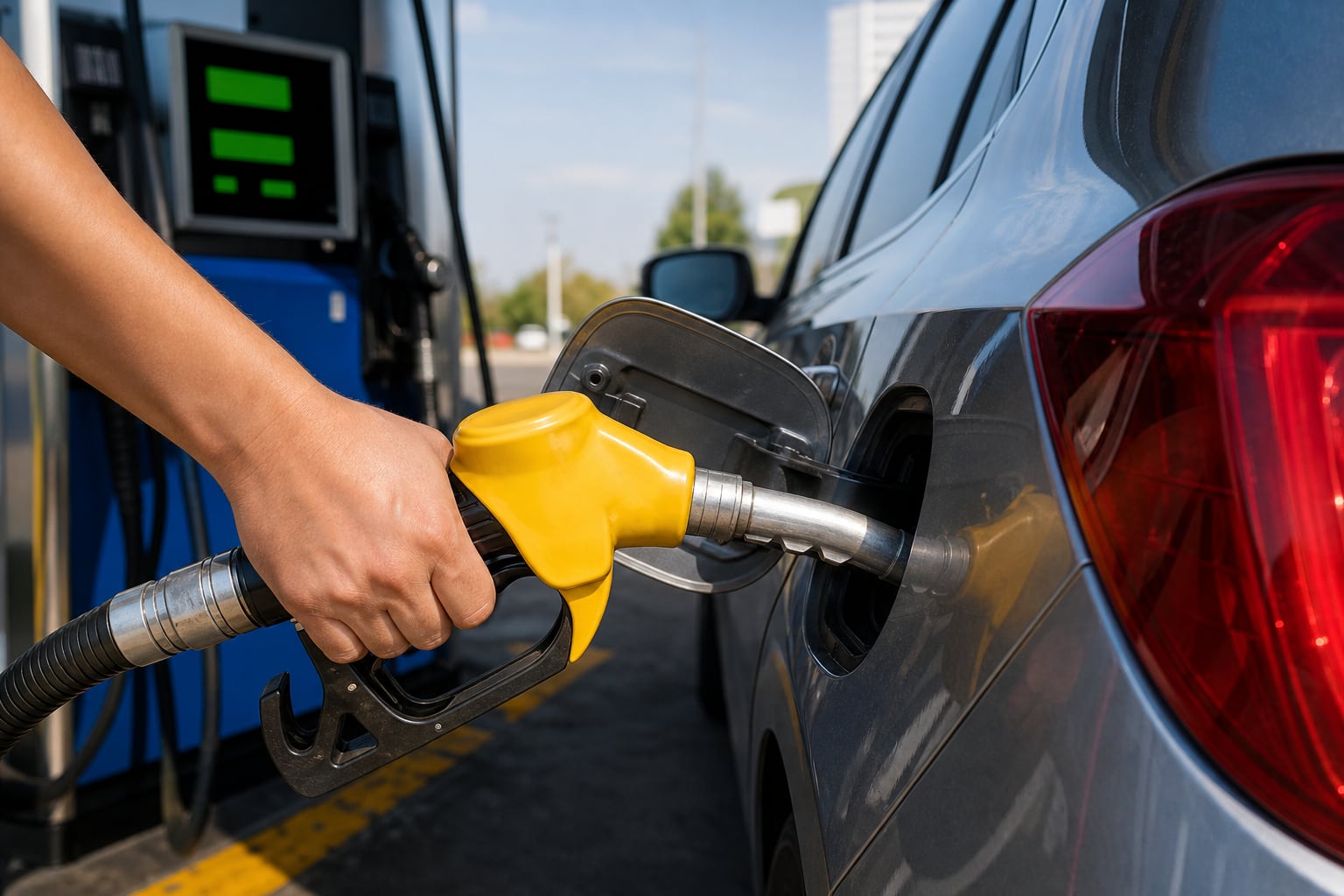 Una persona recarga el tanque de combustible de un automóvil gris con una boquilla amarilla en una estación de servicio. (Imagen Ilustrativa Infobae)