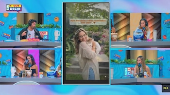 Pantalla de televisión dividida muestra a una mujer rubia con un perrito en un jardín en el centro y a tres presentadores en un estudio a los lados