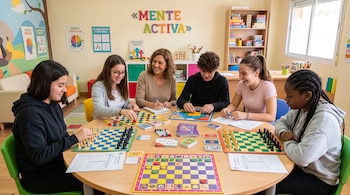 Cinco jóvenes y una mujer adulta están sentados a una mesa redonda con tableros de ajedrez, fichas coloridas y fichas de actividades.