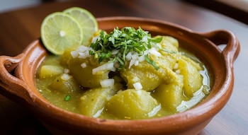 Primer plano de chayotes en salsa verde dentro de una cazuelita de barro, cubiertos con cilantro picado, cebolla y rodajas de limón en el borde.