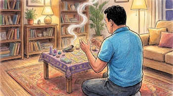 Ilustración de hombre arrodillado de espaldas, manos elevadas sobre mesa con cartas de tarot, sahumerio humeante, velas y cristales. Estanterías y sofá en el fondo.