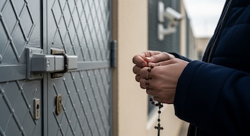 Primer plano de manos adultas sosteniendo un rosario de madera con crucifijo, frente a una puerta escolar gris reforzada con cerradura y barras, con vigilancia de fondo.