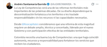En Asocapitales afirman que la reforma territorial afectará la descentralización del país - crédito @AnSANTAMARIA/x