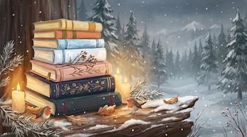 Pila de libros de varios colores, dos velas encendidas, dos pájaros petirrojos, ramas nevadas, hojas secas, copos de nieve y un bosque con pinos y montañas.
