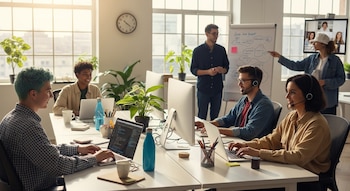 Grupo diverso de jóvenes trabajando en una oficina luminosa con escritorios, ordenadores portátiles y pantallas. Algunos usan auriculares con micrófono.