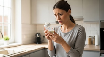 Una mujer joven con expresión preocupada sostiene un biberón con leche en una cocina moderna. La luz natural ilumina la escena a través de la ventana.
