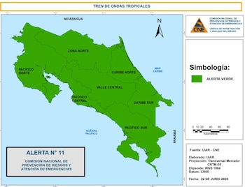 La CNE declaró alerta verde nacional y recomendó extremar precauciones en zonas de montaña, rutas nacionales y sectores vulnerables. Cortesía: CNE