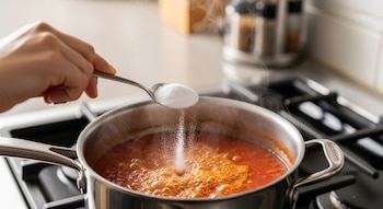 Mano vierte polvo blanco de una cuchara en una olla de salsa de tomate roja hirviendo sobre una estufa. La salsa burbujea, y vapor se eleva visiblemente.
