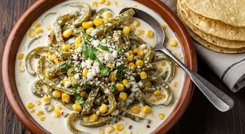 Tazón de barro con rajas de chile verde, granos de elote, salsa cremosa blanca, queso desmoronado y hierbas, junto a una cuchara y tortillas apiladas.