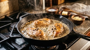 Sartén de hierro sobre una estufa con tres pechugas de pollo hirviendo en salsa con pimienta, desprendiendo vapor.