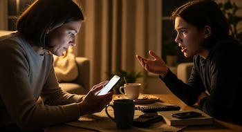 Una mujer mira un teléfono móvil brillante, mientras una persona adolescente le habla haciendo un gesto con la mano. Hay tazas, un control remoto y un libro sobre la mesa.
