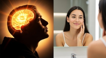 Imagen dividida. Izquierda: perfil de persona con cerebro iluminado. Derecha: mujer sonriente se toca la piel radiante frente a un espejo.