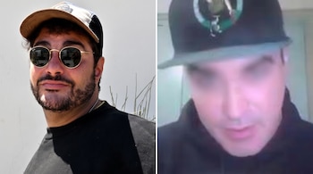 Composición con un hombre con gorra y gafas oscuras a la izquierda y otro hombre con gorra y el área de los ojos difuminada a la derecha.