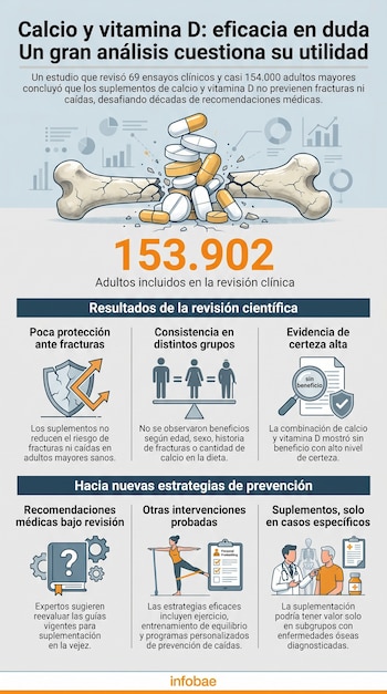 Infografía con un hueso roto, píldoras, gráficos, y diferentes secciones con íconos y texto sobre la ineficacia de calcio y vitamina D.