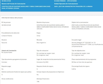 Un documento oficial de la Armada de Argentina detalla los términos de la licitación pública para la construcción de galpones en la Base Naval Integrada Ushuaia.