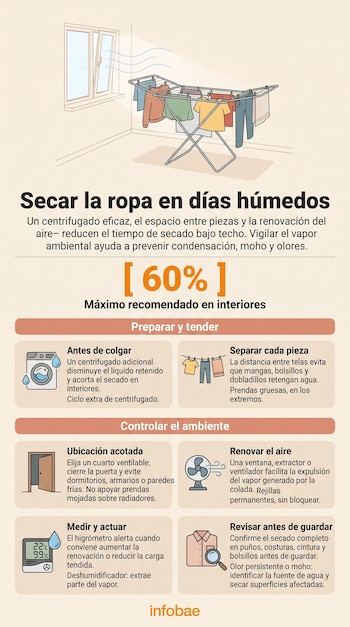 Infografía con una ilustración de un tendedero ante una ventana abierta, cifras del 60 %, recuadros informativos e icono de Infobae.