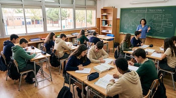 Estudiantes sentados en pupitres escriben en cuadernos y leen libros mientras una profesora enseña frente a un pizarrón verde.