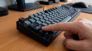 Primer plano de una mano presionando la tecla 'Bloq Mayús' en un teclado QWERTY retroiluminado de color negro sobre una mesa de madera.