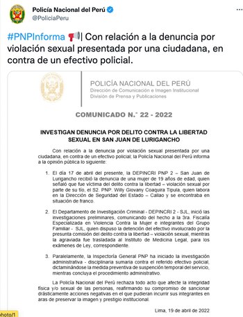 Comunicado oficial de la PNP.
