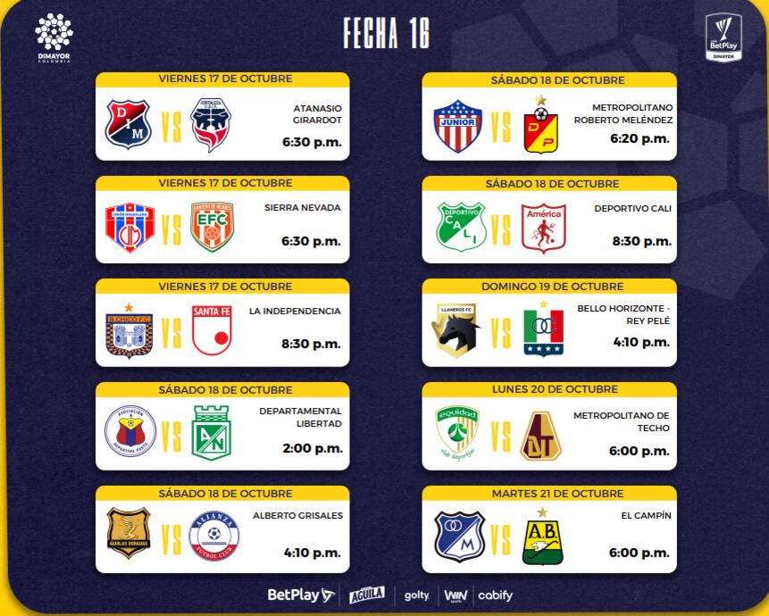 Así quedó la programación oficial de la fecha 16 de la Liga Betplay Dimayor- crédito Dimayor