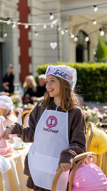 Una niña con delantal blanco que tiene la inscripción IsiChef y un gorro de cocinero sonríe de pie junto a una mesa al aire libre