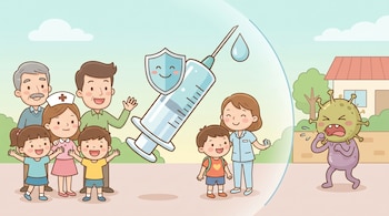 Ilustración de una familia feliz y una enfermera protegidas por una jeringa y un escudo sonriente, mientras un monstruo verde que tose está afuera.