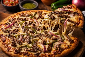 Pizza con tiras de carne asada, queso derretido, cebolla morada y pimiento verde, de la que se levanta una porción con hilos de queso.