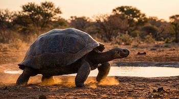 Una tortuga vista de perfil avanza sobre el suelo terroso cerca de un pequeño estanque con árboles al fondo.