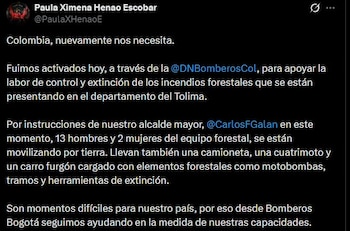 La movilización de los Bomberos de Bogotá fue coordinada por la Dirección Nacional de Bomberos de Colombia por instrucción de Carlos Fernando Galán Pachón - crédito @PaulaXHenaoE / X