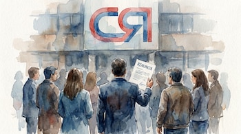 Ilustración estilo acuarela de un hombre de espaldas mostrando una carta de renuncia a un grupo de personas frente al logo de Cambio Radical.