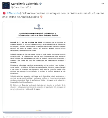 Gobierno colombiano rechazó ofensiva contra civiles en medio de escalada en Arabia Saudita - crédito @CancilleriaCol/X