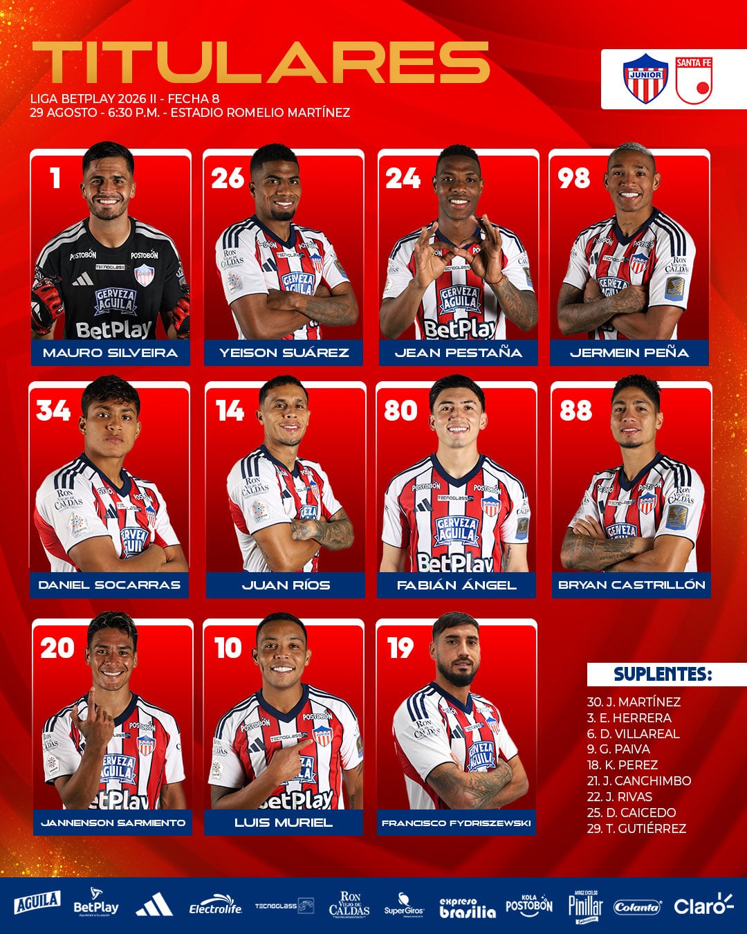 Así jugará el Junior de Barranquilla ante Santa Fe por la Liga BetPlay 2026-II - crédito Junior FC