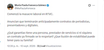 La exsubgerente de Rtvc María Paula Fonseca Gómez se refirió a la terminación anticipada de contratos en el Sistema de Medios Públicos - crédito @MaPaulaFonseca/X