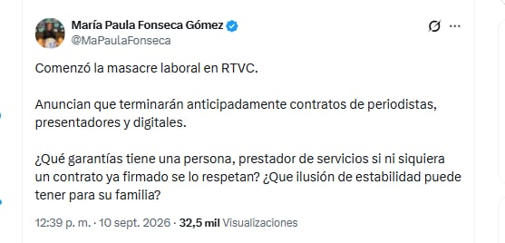 La exsubgerente de Rtvc María Paula Fonseca Gómez se refirió a la terminación anticipada de contratos en el Sistema de Medios Públicos - crédito @MaPaulaFonseca/X
