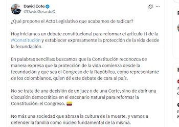 El congresista David Cote informó que presentó un proyecto de acto legislativo que busca establecer expresamente la protección de la vida desde la fecundación - crédito @DavidGerardoC/X