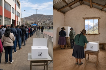 Imagen dividida con una larga fila en un centro electoral urbano a la izquierda y tres personas votando en un recinto rural a la derecha.