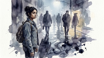 Ilustración en acuarela de una adolescente de cabello oscuro, vestida de mezclilla y con mochila, parada en una calle urbana con siluetas difusas de adultos.
