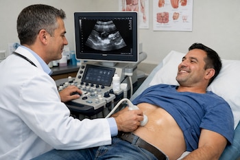 Un médico realiza una ecografía abdominal a un hombre sonriente en una camilla. La pantalla del ultrasonido muestra la imagen interna.