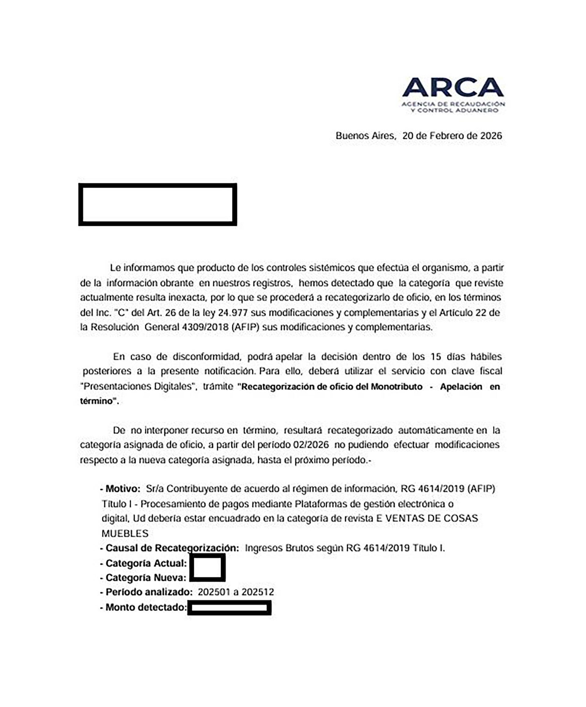 Imagen de la notificación de recategorización en el domicilio electrónico del contribuyente por los movimientos en las billeteras virtuales.