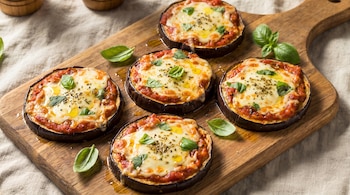 Seis rodajas de berenjena con salsa de tomate, queso derretido, aceite de oliva, orégano seco y hojas de albahaca fresca sobre una tabla de madera.