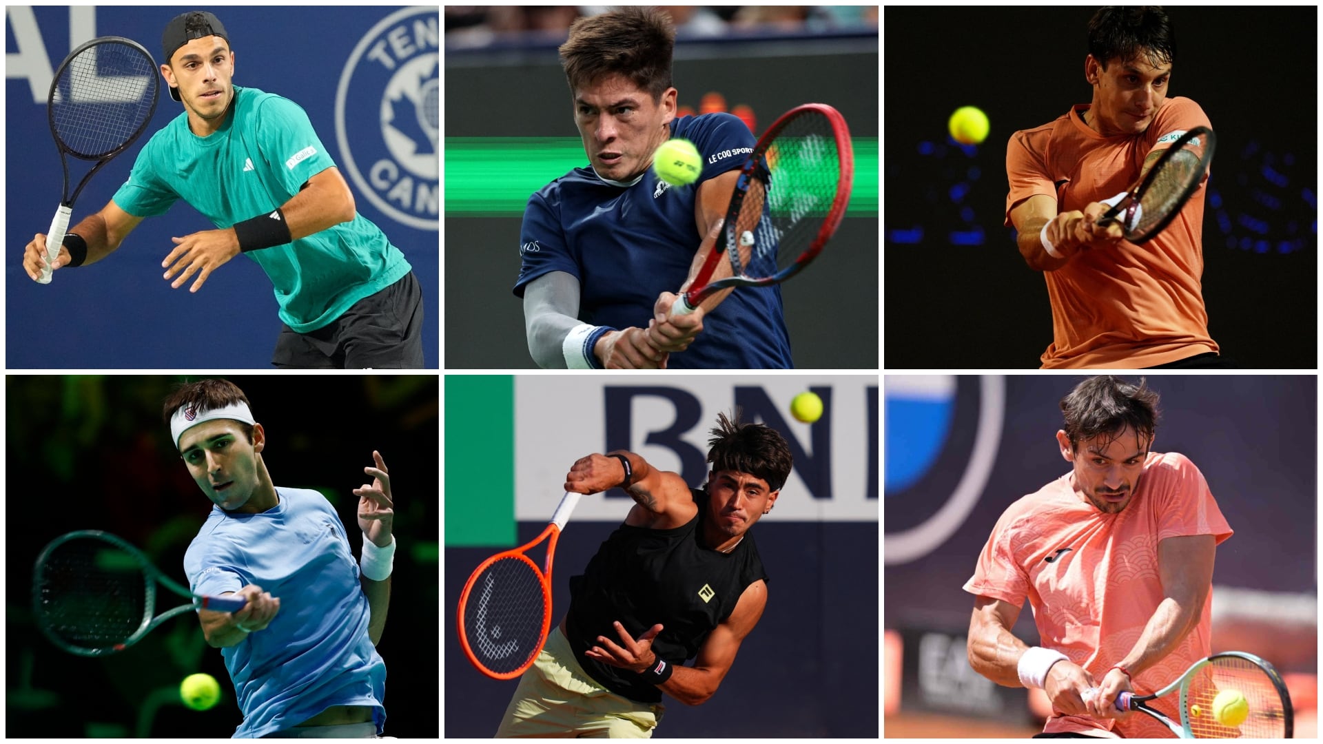 De izquierda a derecha, arriba, Francisco Cerúndolo, Sebastián Báez y Camilo Ugo Carabelli. De izquierda a derecha, abajo, Tomás Etcheverry, Francisco Comesaña y Mariano Navone (Fuente: Reuters)