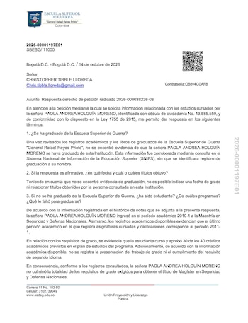 Respuesta Escuela Superior de Guerra sobre la Maestría en Seguridad y Defensa Nacional de Paola Holguín - crédito Captura de Pantalla X/Casa Macondo