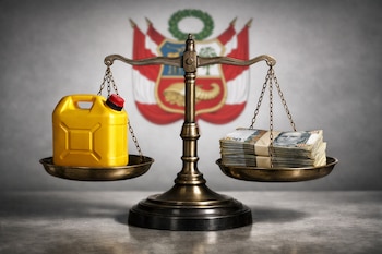 Balanza de bronce equilibrando un bidón de gasolina amarillo en un platillo y fajos de billetes de soles peruanos en el otro, con el escudo del Perú borroso al fondo.