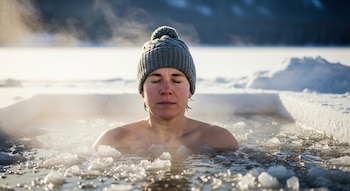 Persona con gorro de lana gris sumergida en agua helada con trozos de hielo, ojos cerrados y expresión serena. Vapor sobre el agua y fondo nevado borroso.