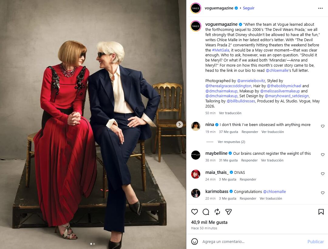 La actriz explora el peso de la responsabilidad al dirigir grandes organizaciones y la complejidad del poder en el contexto empresarial actual (Instagram/@voguemagazine)