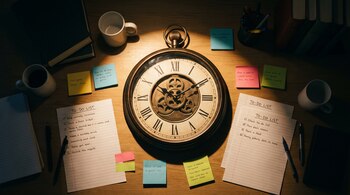Un reloj analógico grande con números romanos en el centro de una mesa de madera. Hay dos tazas, libros, dos bolígrafos, varias hojas con listas de tareas y notas adhesivas de colores alrededor del reloj.