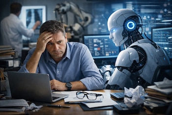 Hombre preocupado frente a un portátil en un escritorio desordenado, junto a un robot humanoide blanco y futurista. Hay monitores con datos en el fondo.